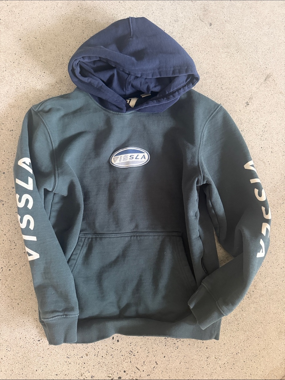 VISSLA Two-Tone Navy Hooded Sweatshirt — Teal Body, Navy Hood